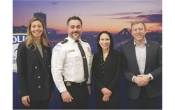 From left: Maude Marquis-Bissonnette, Mayor of Gatineau, Simon Fournier, Chief of the SPVG, Suzanne Tremblay, MNA for Hull, and Mathieu Lévesque, MNA for Chapleau, during the announcement of $732,700 in financial assistance to the Gatineau Police Department as part of the Support Program for Concerted Police Practices in Homelessness and Mental Health (February 17, 2025). Photo: Courtesy Suzanne Tremblay, MNA for Hull
