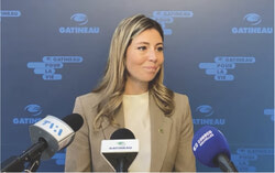 Maude Marquis-Bissonnette, Mayor of Gatineau, answers journalists' questions during the press scrum (April 9, 2025). Photo: Screenshot