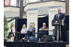 At the Forum Santé Outaouais 2025 on September 18 in Gatineau, regional leaders called for urgent, locally adapted solutions to the chronic underfunding of health and social services in the Outaouais. Pictured left to right are Mayor Maude Marquis-Bissonnette, Jane Toller, Paul-André David, Chantal Lamarche, and Marc Carrière. Photo: Tashi Farmilo