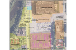 Ébauche de modélisation du site du centre Robert-Guertin présentée par la Ville de Gatineau en lien avec les travaux prévus et la relocalisation des tentes et roulottes. Crédit photo : Présentation PowerPoint de la Ville de Gatineau